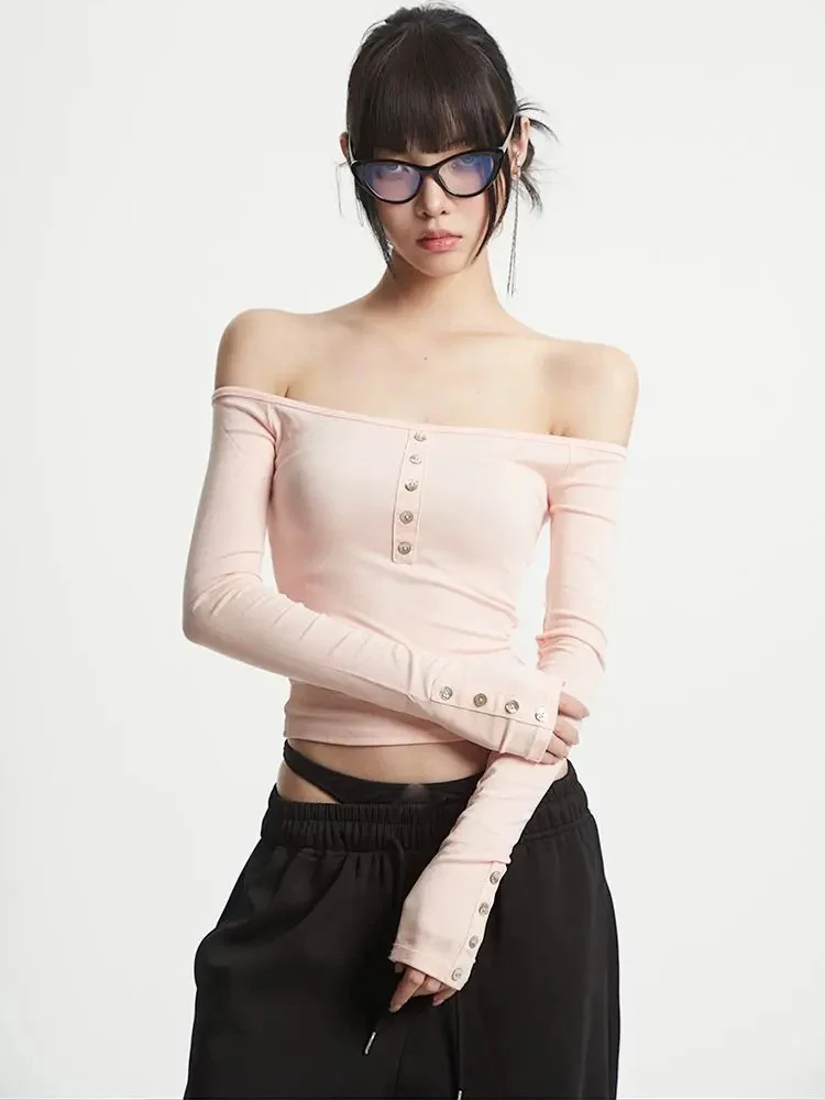 

Футболки American Street Spicy Girl с разрезом на шее и открытыми плечами, с длинными рукавами, облегающие короткие топы Y2k, эстетические однотонные футболки Ins