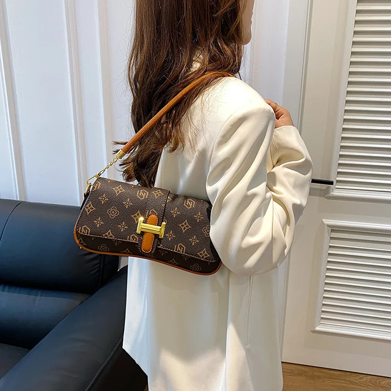 Vintage printed baguette bag, classic high-end texture, niche design, underarm bag, women's bag, single shoulder crossbody bag