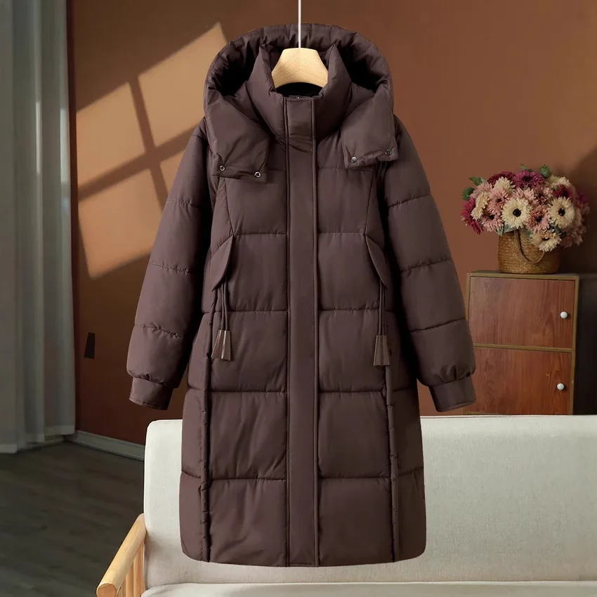 Parkas Coats Women Solid Mid Length Jackets Zipper Pocket Hooded Drawstring Long Sleeves Thick Office Lady Casual 2025 Winter