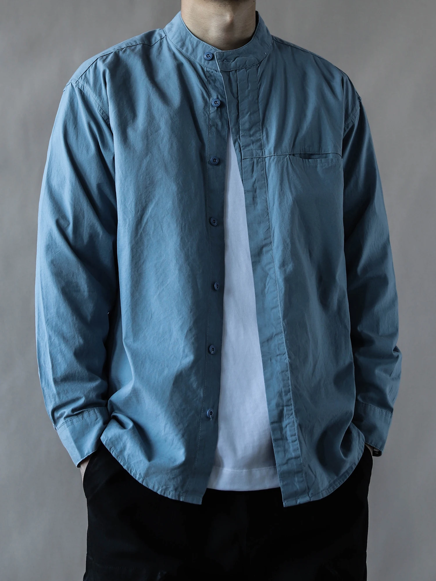 

Loose Fit Casual Cotton Long Sve Stand Collar irt Men's Spring Autumn Blue Open Cardigan Workwear Sle Versatile Basic