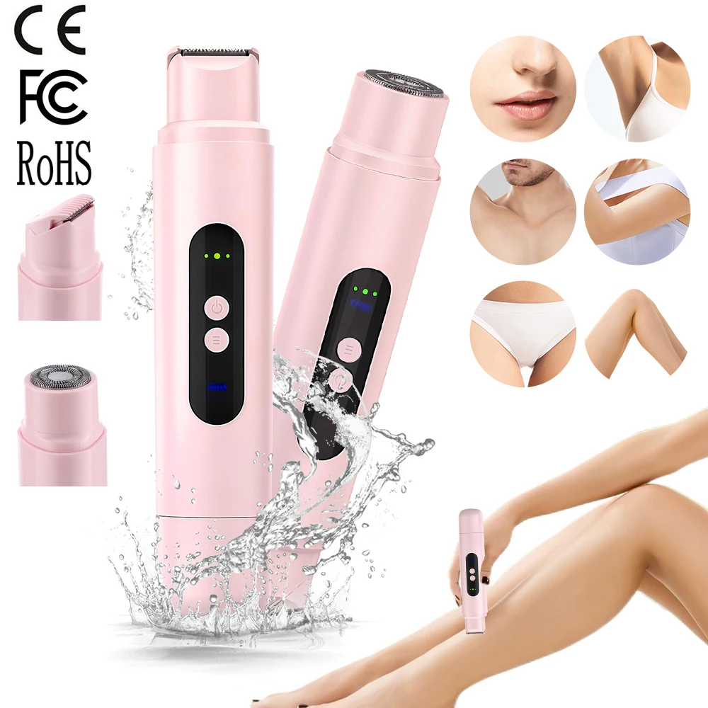 Alat Cukur Elektrik untuk Wanita IPX7 Tahan Air, Pisau Cukur Basah & Kering 2 in 1 Kepala Ganda, Pemangkas Rambut Bikini Ganda, Alat Cukur Wajah Mini