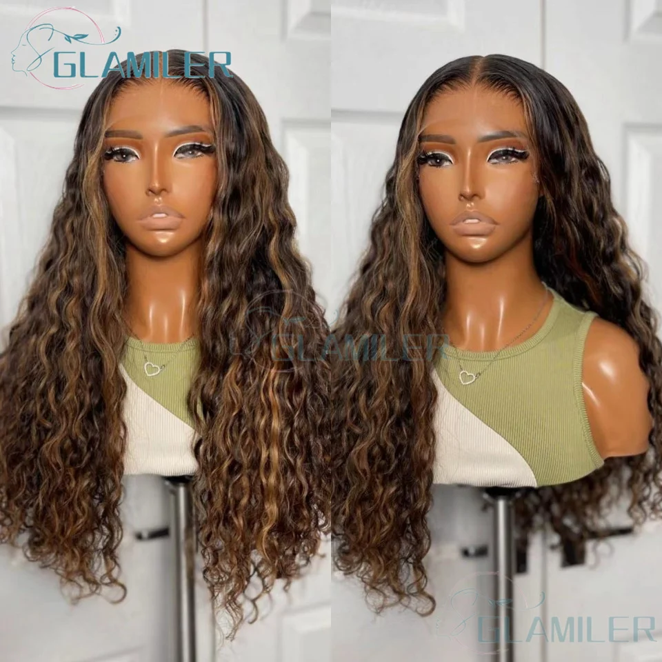 28 Inch Highlight Honey Brown Curly HD Silk Top Lace Front Human Hair Wigs 13x4 13x6 Ombre Color Deep Water Wave Frontal Wigs