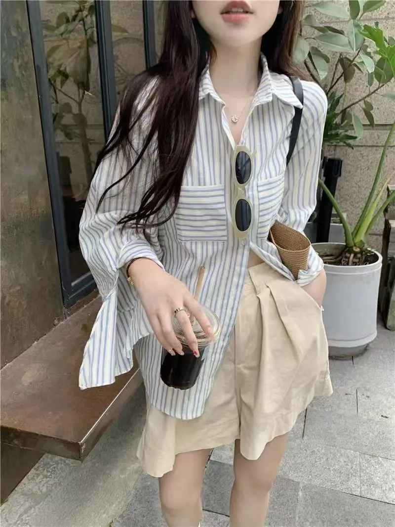 

Women's Spring Summer 2026 New Striped Single Breasted Long Sleeve Blouse Women Shirt Casual Loose Button Up Shirts Tops Korean
