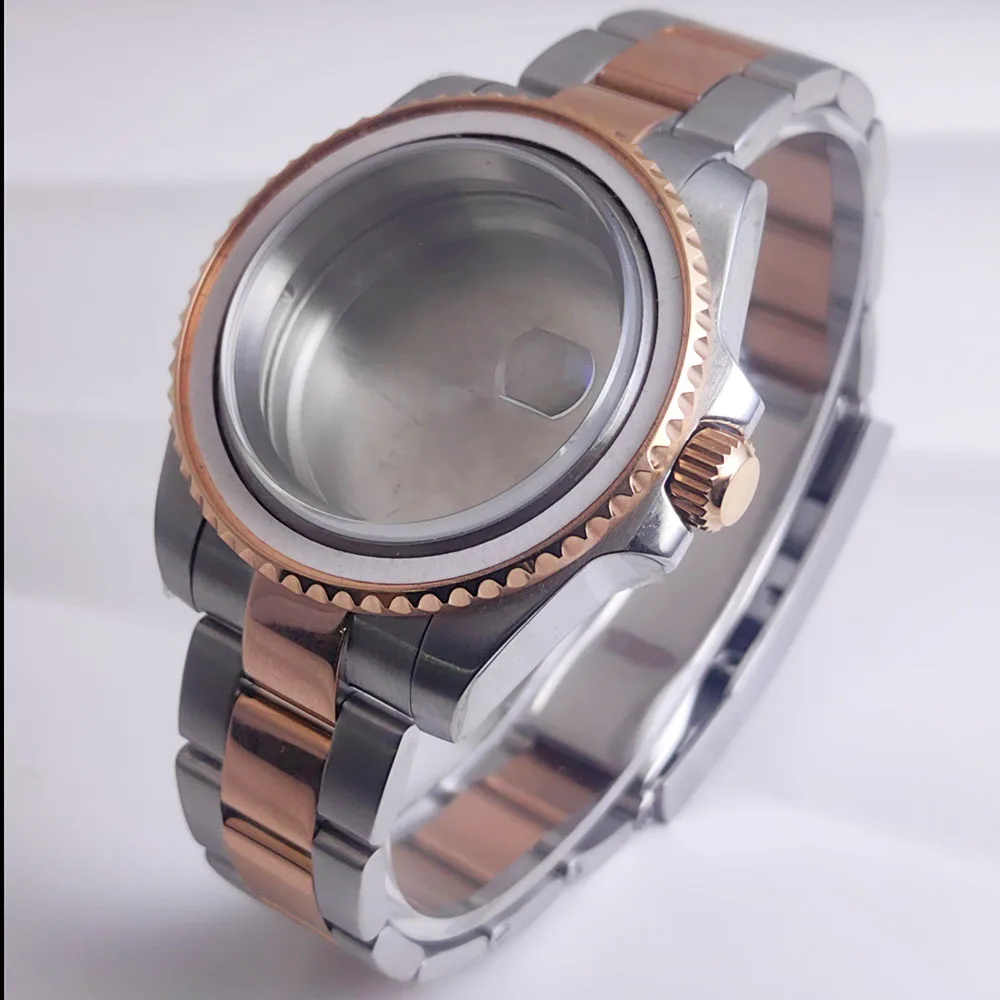 40 مللي متر الفضة والذهب الوردي حاوية من الفولاذ المقاوم للصدأ حزام الياقوت الزجاج الأخضر الإطار الزجاجي القاع مع حركة NH34/35