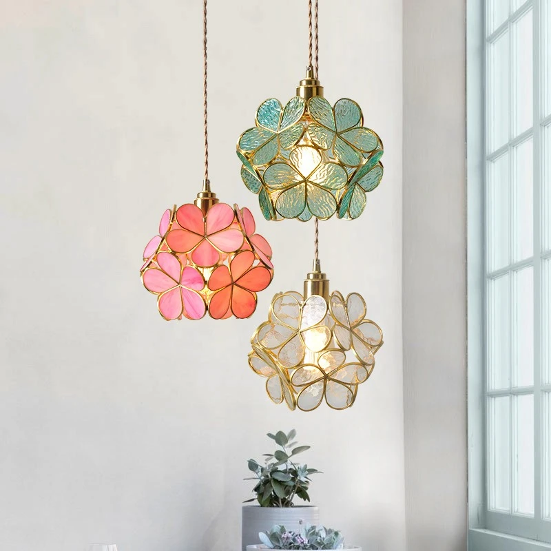 All Copper Glazed Glass Flower Bedroom Bedside Long Line Small Pendant Lamp Lotus Flower Luxury Retro RestaurantBar Light
