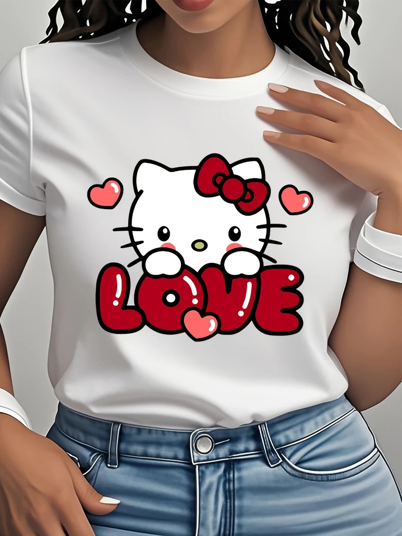 2025 مرحبا كيتي سانريو تي شيرت أبيض وأسود عادية طاقم الرقبة الراقية الفاخرة لكل من الرجال والنساء أفضل Y2k #2