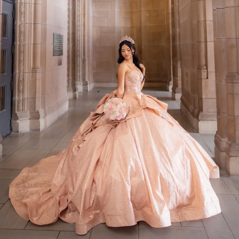 Rose Gold Glitter Quinceanera Dresses Off Shoulder Ball Gown Sweet 16 Dress Applique Lace Beads Bow Corset Birthday Vestidos 15