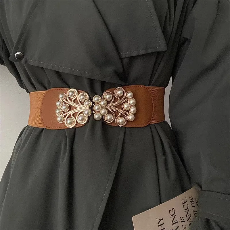 Women's Fashion Pearl Buckle Elastic Corset Female Cummerbund Coat Waistband Dress Decration Wide Belt  J316