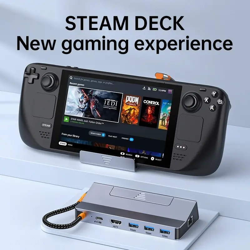 Estação de ancoragem Steam Deck com ventilador, 6 em 1, HDMI 2.0, 4K @ 60Hz, Ethernet Gigabit, carregamento a toda a velocidade, USB-C, USB 3.0