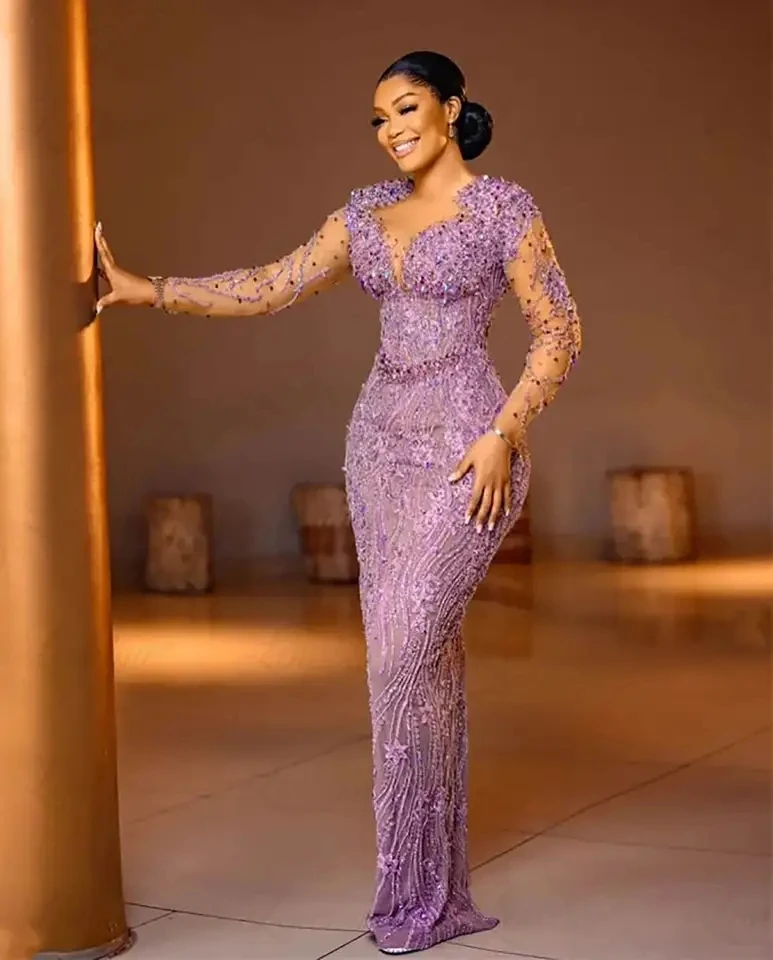 African Plus Size Mermaid Evening Dresses Purple Beaded Lace Elegant Prom Gown Aso Ebi Style Long Engagement Party Dress Custom