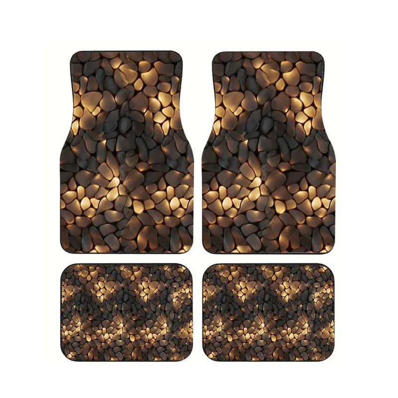 Tapis de sol de voiture à motif galets bruns brillants, 4 pièces, style pierre naturelle, tapis universels pour voiture, antidérapants, anti-salissures, tons chauds