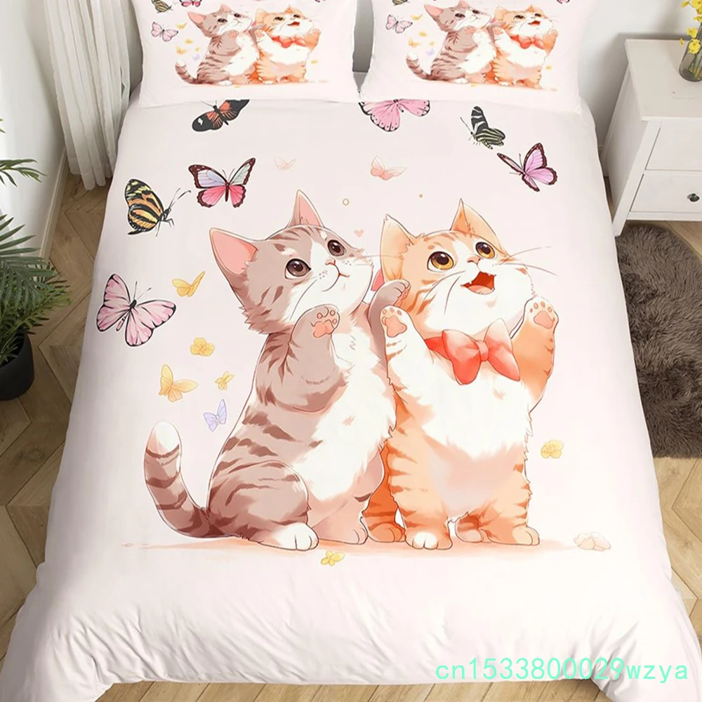 Kawaii Cat Duvet Cover Pink Bowknot Kitten Bedding Set Sweet Pet Animal Comforter Cover Princess Bow Girly Polyester Quilt Cover