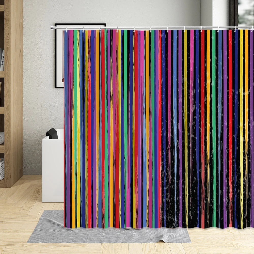 Decorative Geometric Shower Curtain, Colorful Stripe Printing, Waterproof Bathroom Decor, Polyester Fabric Curtains with Hooks