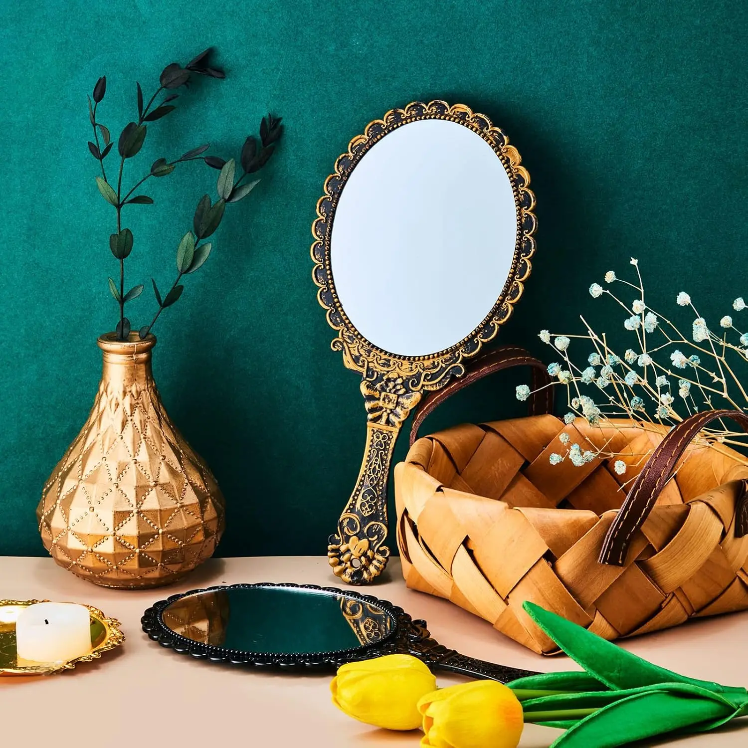 Reise-Vintage-Handspiegel, 2-teilig, oval, tragbar, kompakt, mit Griff für Make-up, Haarstyling, zum Aufhängen als Dekor