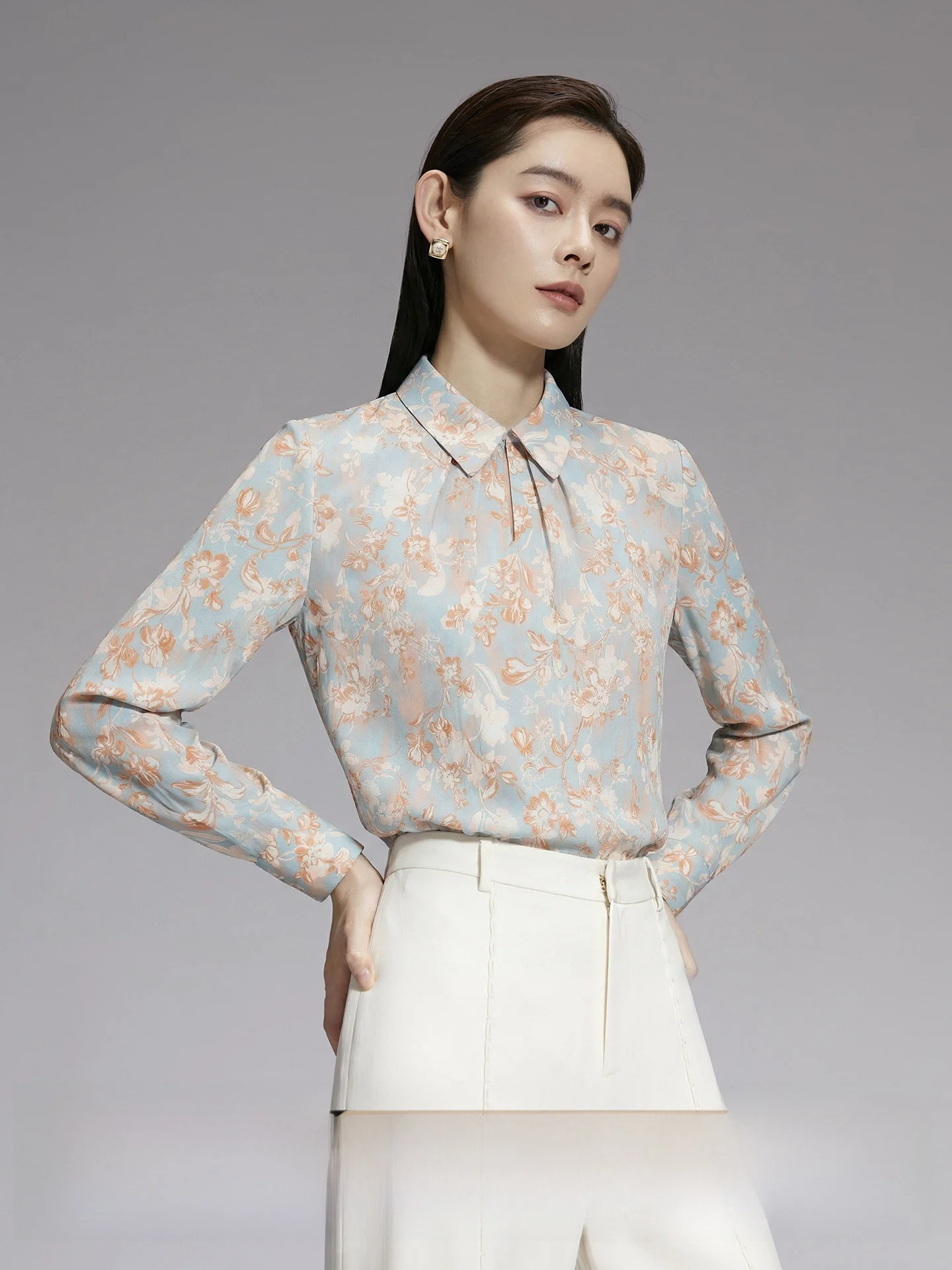 

Женская повседневная блузка CVANEA из шелка с длинным рукавом, с двойным цветочным принтом, прямого кроя, с воротником, дышащая, комфортная