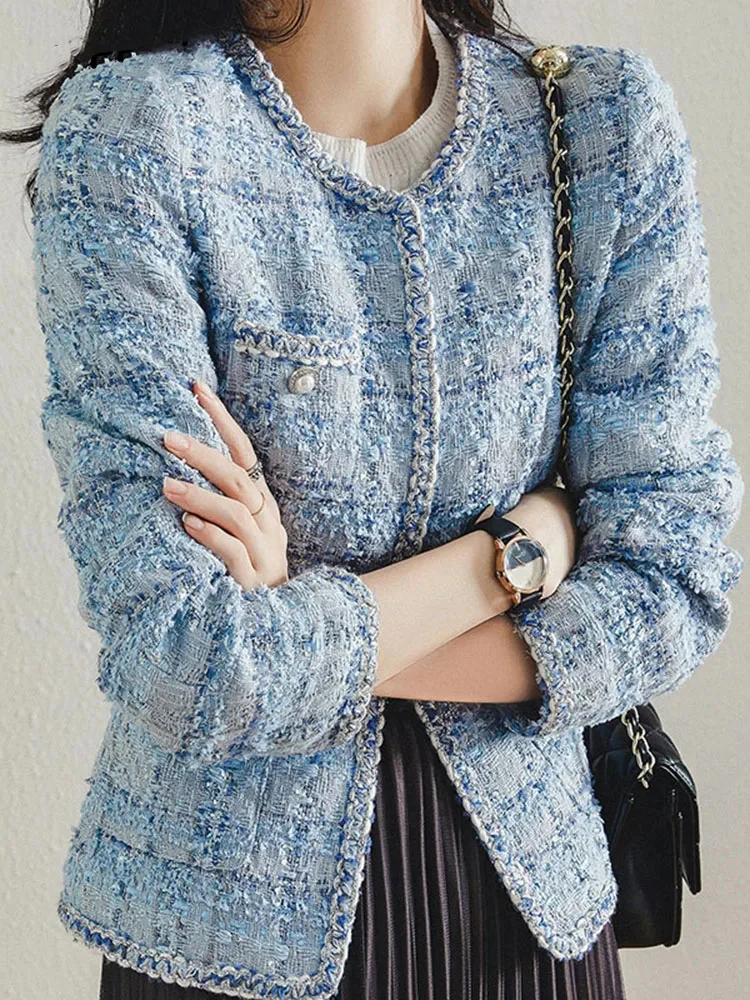 

Elegant Blue Plaid Tweed Jackets for Women Classic Long Sleeve Coats for Spring and Autumn Loose O-Neck Stylish Lady Jackets