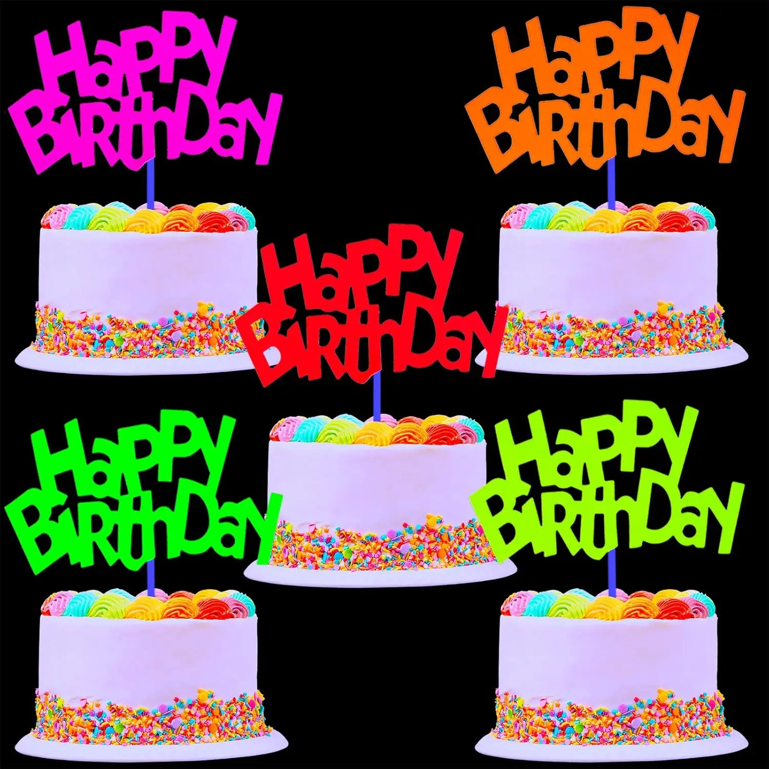 20-5 Stück Neon-Cupcake-Topper, Neon-Geburtstagstorten-Dekorationen, Happy Birthday Cupcake-Topper, Leuchtende Hochzeits- und Halloween-Party-Deko