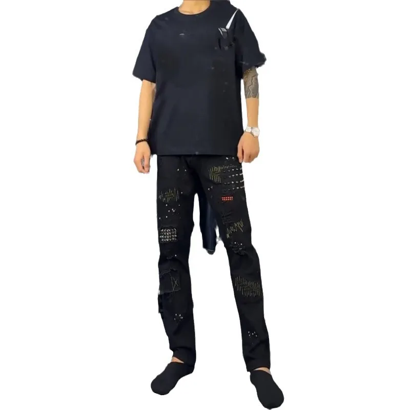 

Handsome and Ripped Willow Nail Straight Tube Black Retro Slim Fit Versatile Jeans