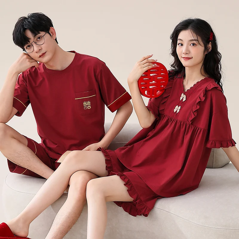 Couple Pajama Set Summer Short Sleeve Pyjamas Knited Cotton Men and Women Casual Sleepwear