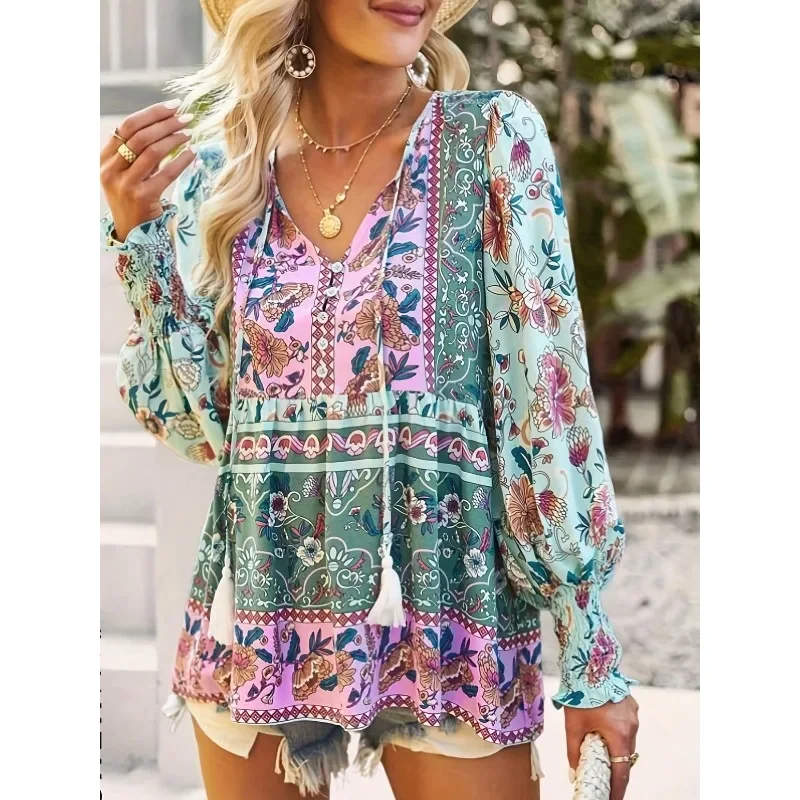حجم كبير 1XL-5XL جديد الخريف المرأة مزاجه عادية مطبوعة الخامس الرقبة طويلة الأكمام فضفاضة بلوزة قميص التنقل نمط الملابس