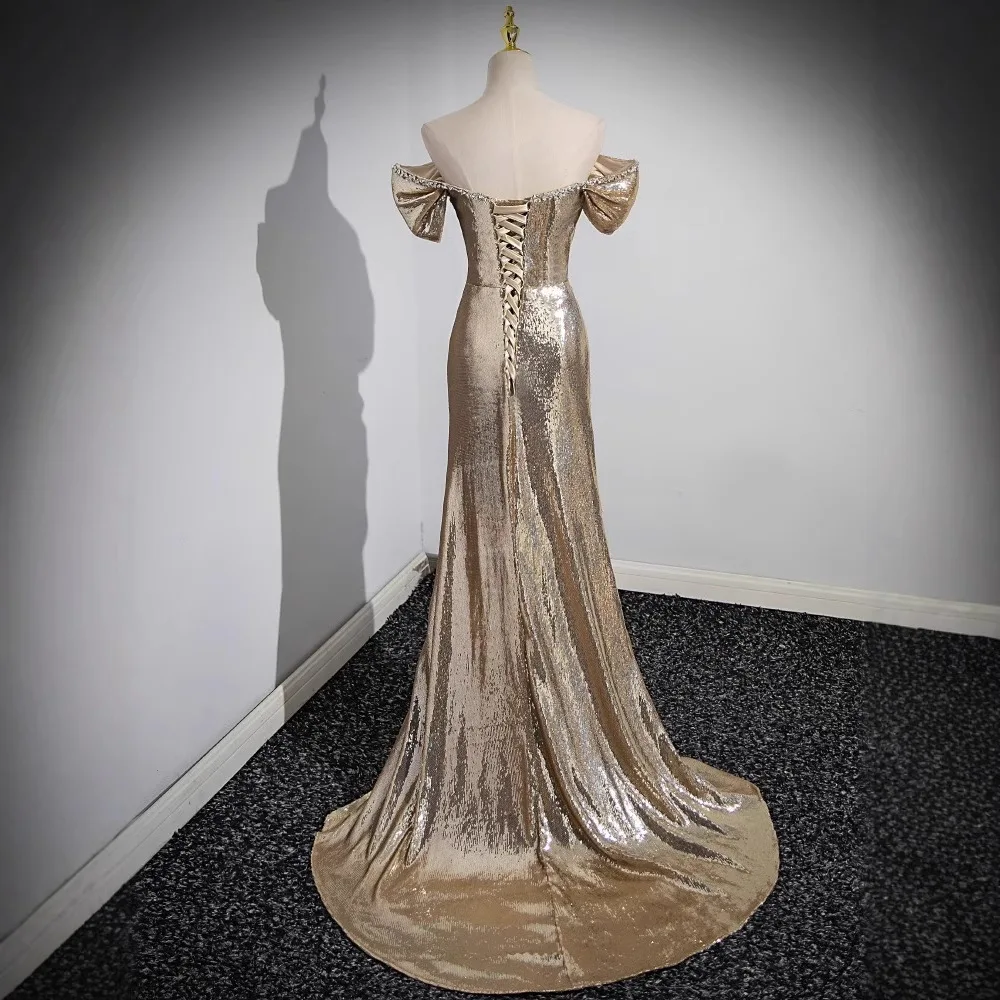 Sereia vestidos de noite lantejoulas douradas sem mangas rendas tapete vermelho brilhante celebridade vestido de baile fora do ombro sem costas vestido de festa