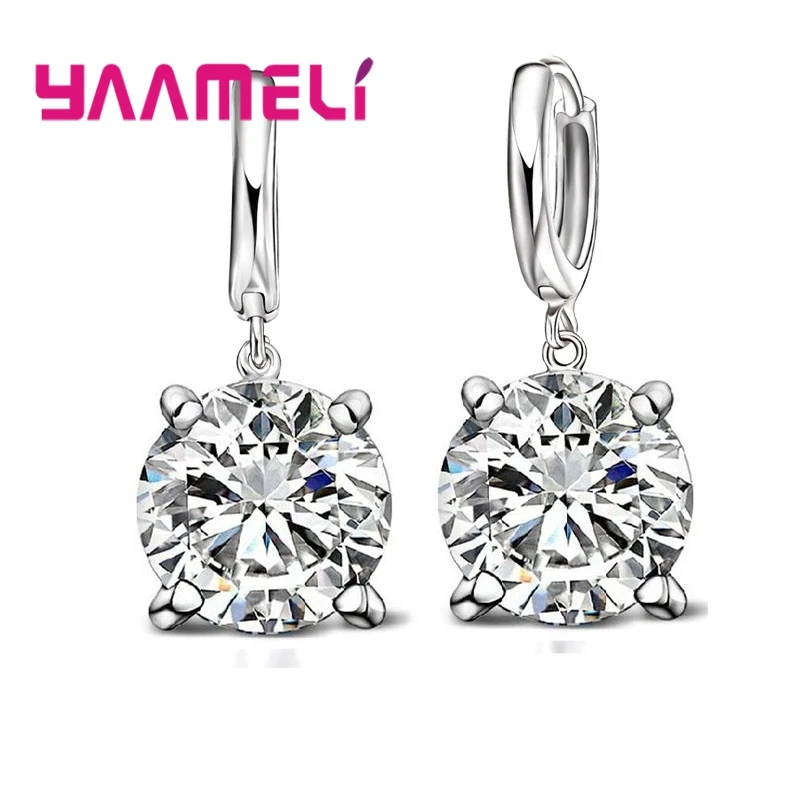 Real 925 Sterling Silver Dangle Earrings CZ Crystal Big Round Drop Earrings for Women Girls Wedding Party Fashion Jewelry Gift