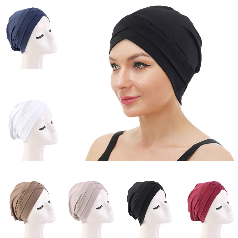 

High Quality Criss Cross Muslim Hijab Inner Hat Solid Underscarf Pull On Islamic Scarf Turban Caps Full Headcover Women Headwrap