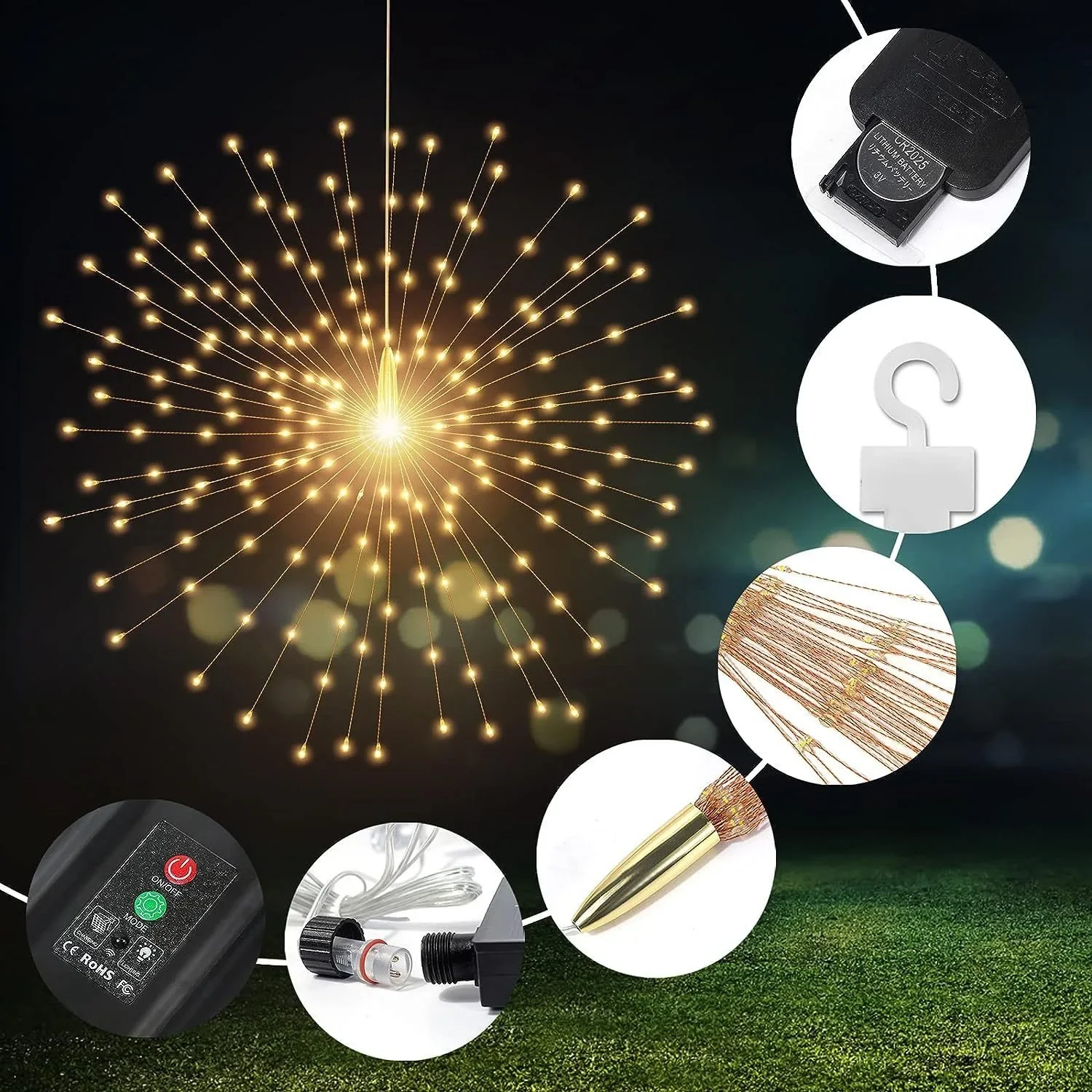 Luz Solar colgante de fuegos artificiales con Control remoto, lámpara Starburst, decoración navideña, luces de hadas para jardín, Patio, 5x90LED, 8 modos