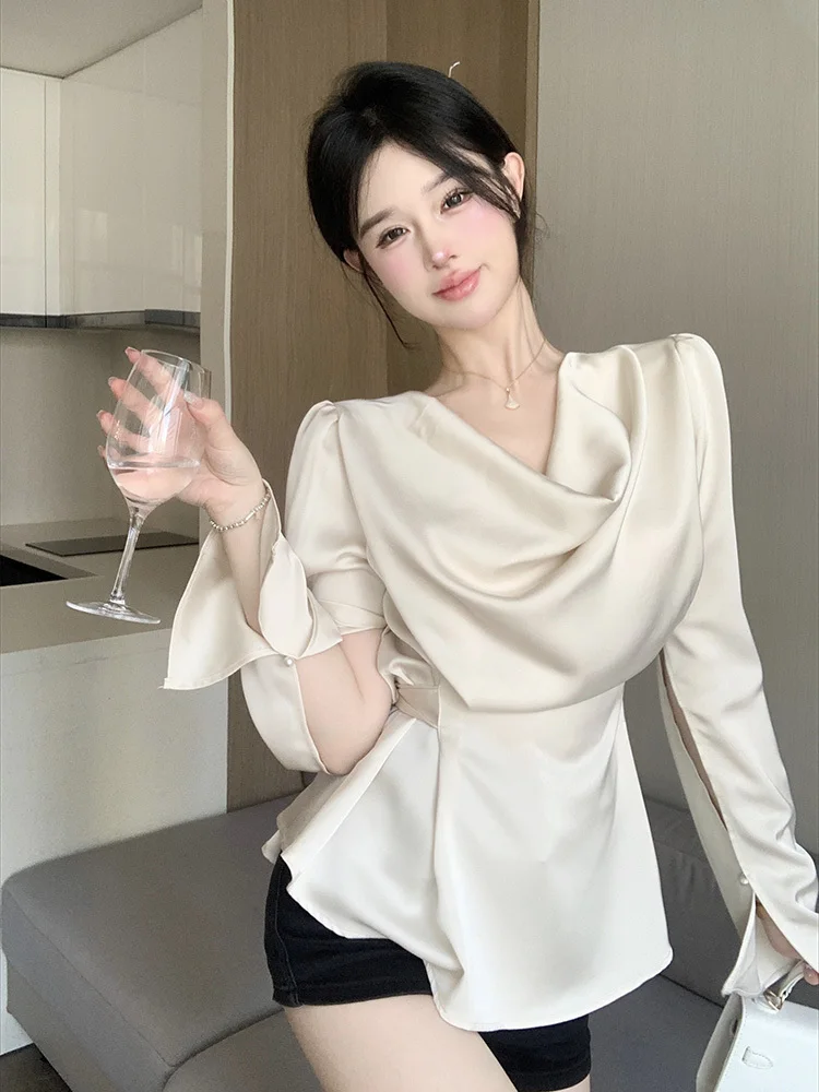 French Style Retro Solid Color Women Chiffon Shirt 2023 Fashion New Pleated Long Sleeve Blouses Female Slim Tie Up Clothes Chic