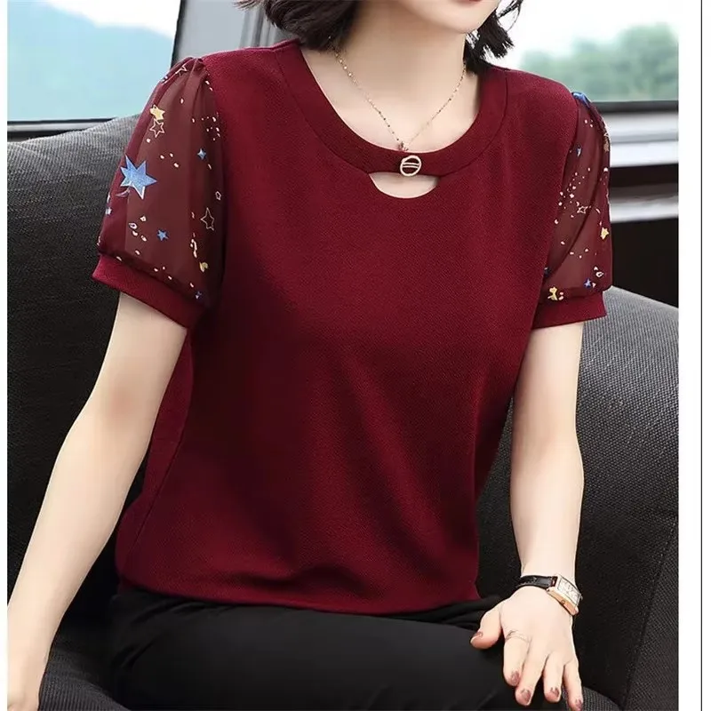 قميص شيفون مطبوع للنساء بأكمام قصيرة ورقبة دائرية وقصة فضفاضة وقميص مريح للأمهات في منتصف العمر #1