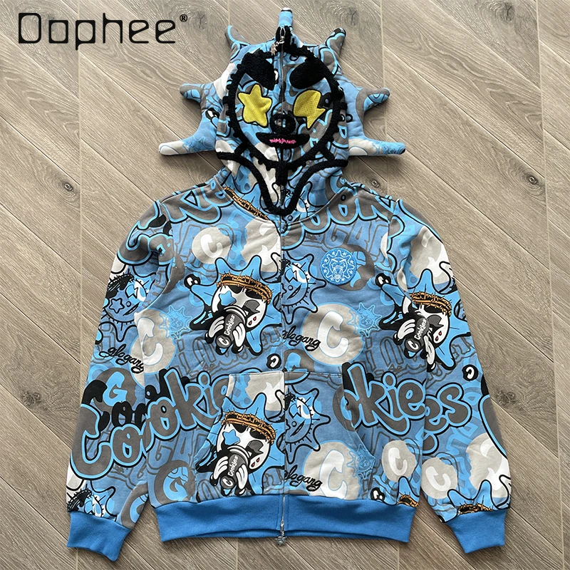 

Heavy Washed Vintage Harajuku Style Gothic Cartoon Print Embroidered Hooded Zipper Sweatshirt High Street Subculture Men Top