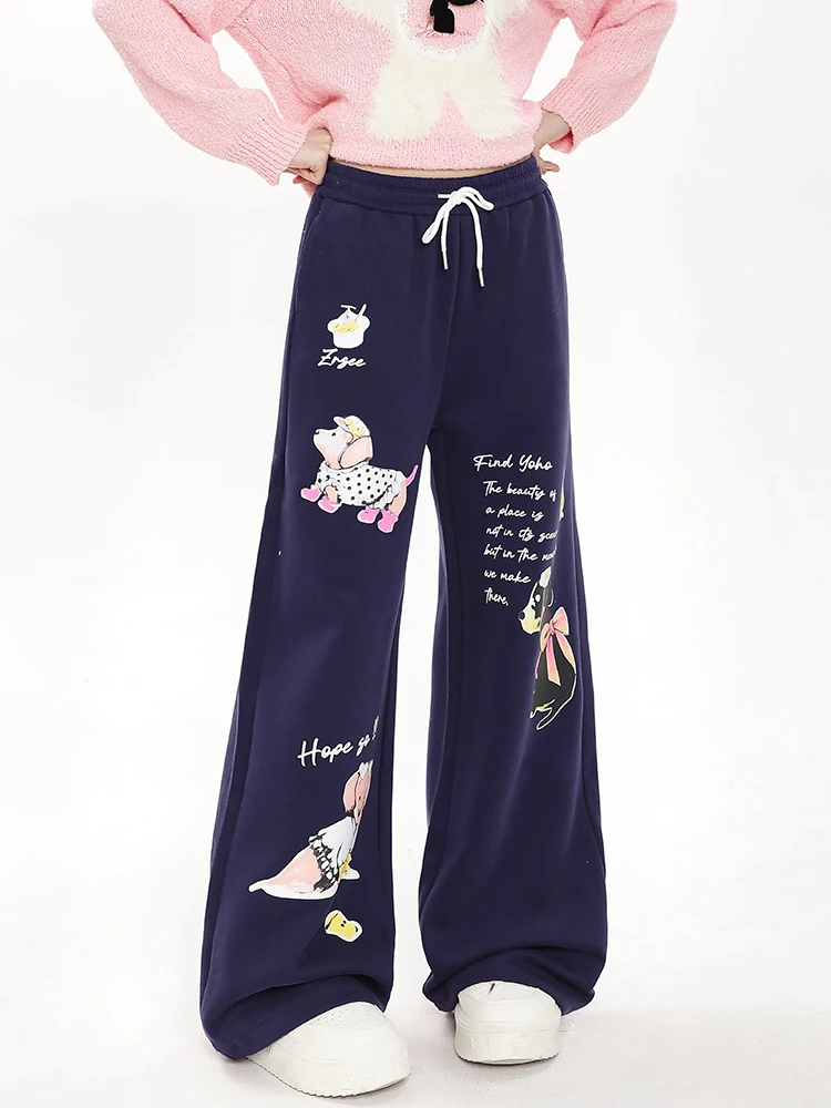 American highstreet doce legal rendas elástico de cintura alta calças de perna larga dos desenhos animados impressão solta calças de moletom retas feminino inverno