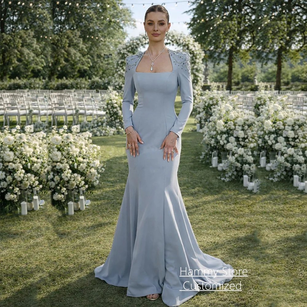

Customized Arab Evening Dress Elegant Square Neck Long Sleeves Beading Stone Sweep Train Back Zipper Prom Gown Party Dresses