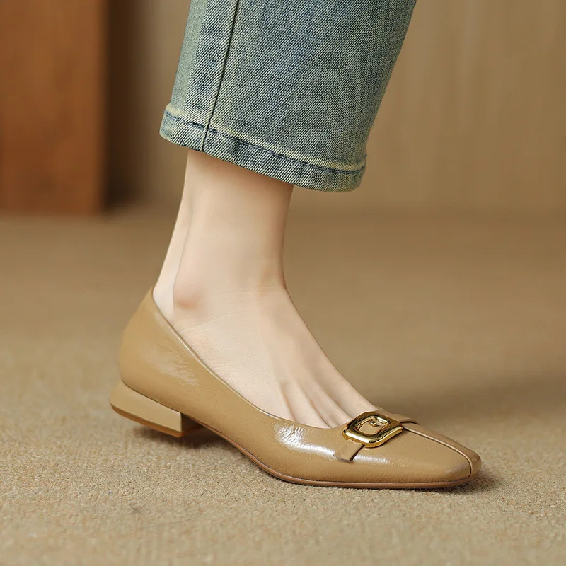 2024Spring New Full Leather Minimalist Style Single Shoes for Daily Shallow Mouth Square Head Low Heel Flat Bottom Women's Shoes