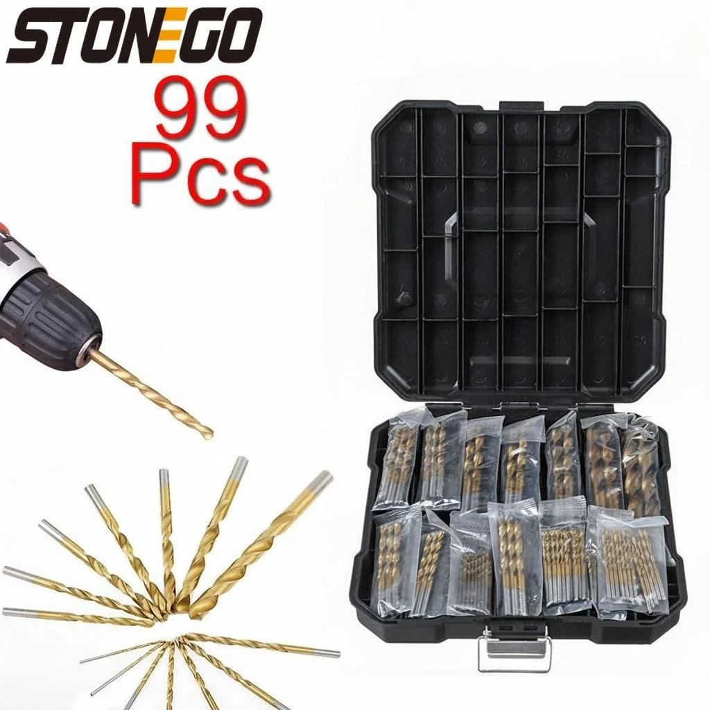 

99pcs Titanium Coated Straight Shank Twist Drill Bits Woodworking High Speed Drilling Tools