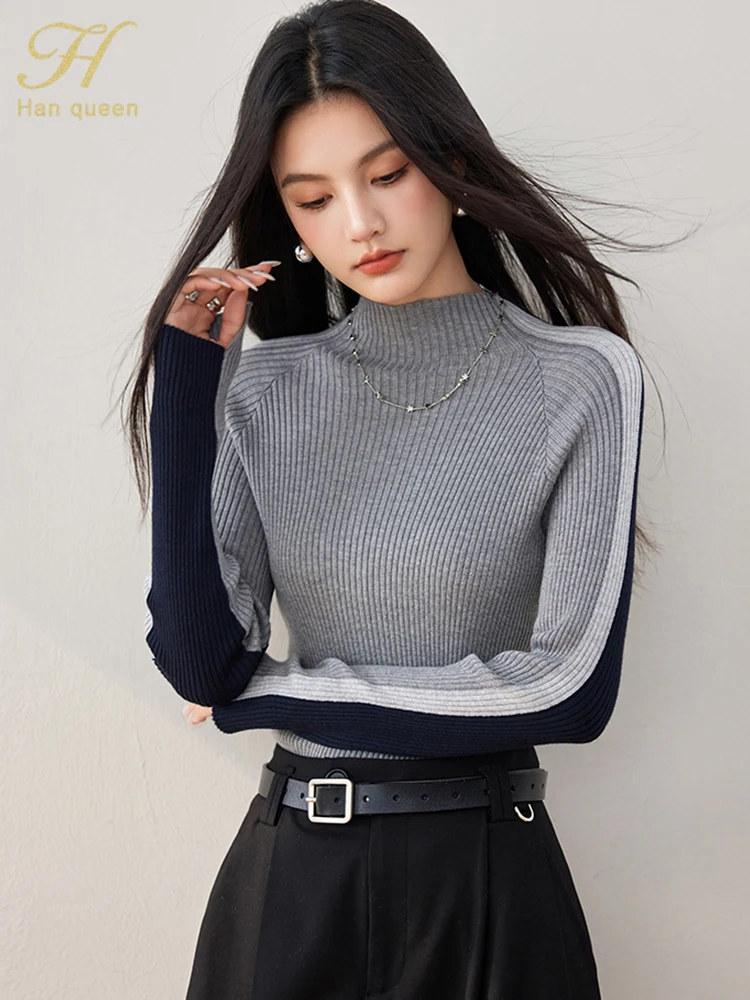 H Han Queen 2024 Autumn Colorblock Pullovers Sweaters Womens Korean Simple Basic Long Sleeve Loose Vintage Sweater Casual Tops