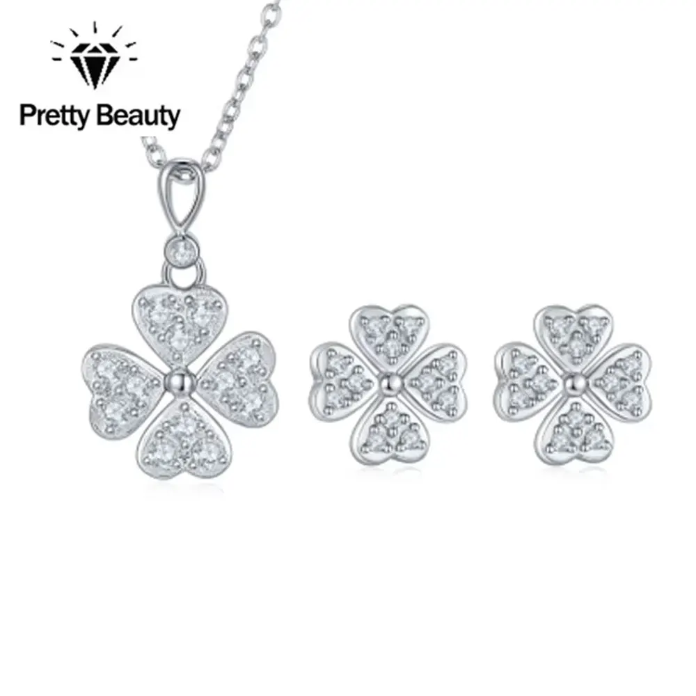 

Pretty Beauty Moissanite Four-leaf Clover Stud Earrings Pendant Necklace 925 Silver for Women White Gold Plated Fine Jewelry Set