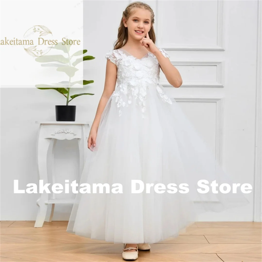 Customization Flower Girl Dresses White Tulle Puffy Appliques Sleeveless For Wedding Birthday Party Banquet First Communion Gown