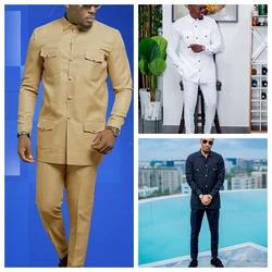 New Men's Wedding 2-piece Suit Shirt Men's Dress Pants Solid Color Iong Sleeve Party Festival African National Style Clothing