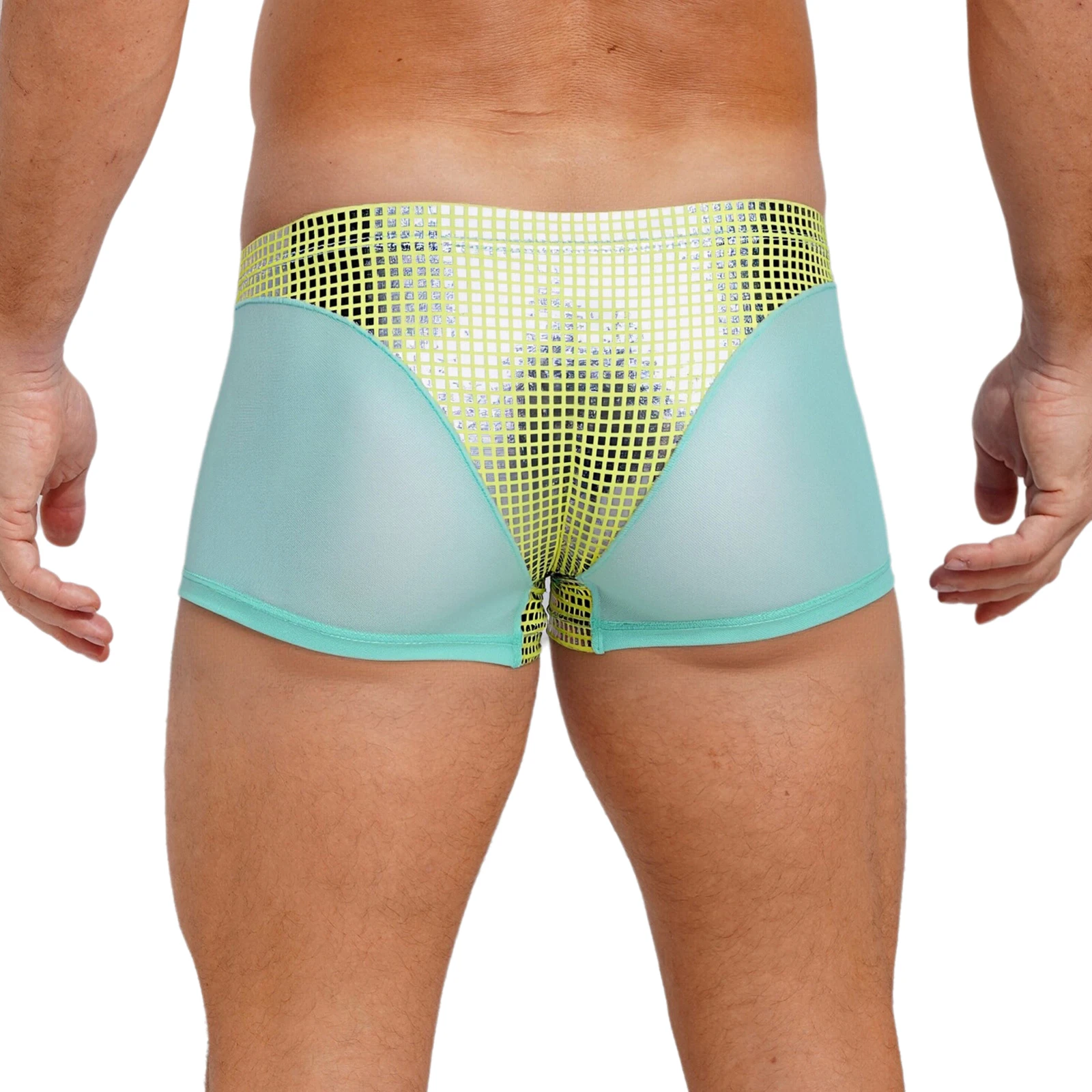 رجل معدني لامع الملاكم قصيرة منقوشة وشبكة المرقعة السراويل سراويل للسباحة تنفس ملخصات الملابس الداخلية لحزب نادي الشاطئ