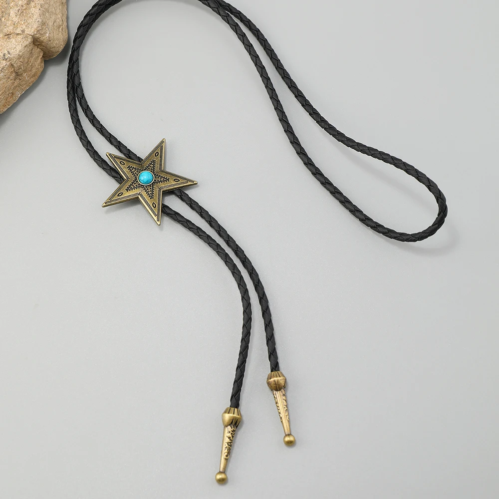 Vintage leather chain Bolo Tie for Men Western Cowboy Necktie Bolo Tie for Shirt Fashion star long necklace