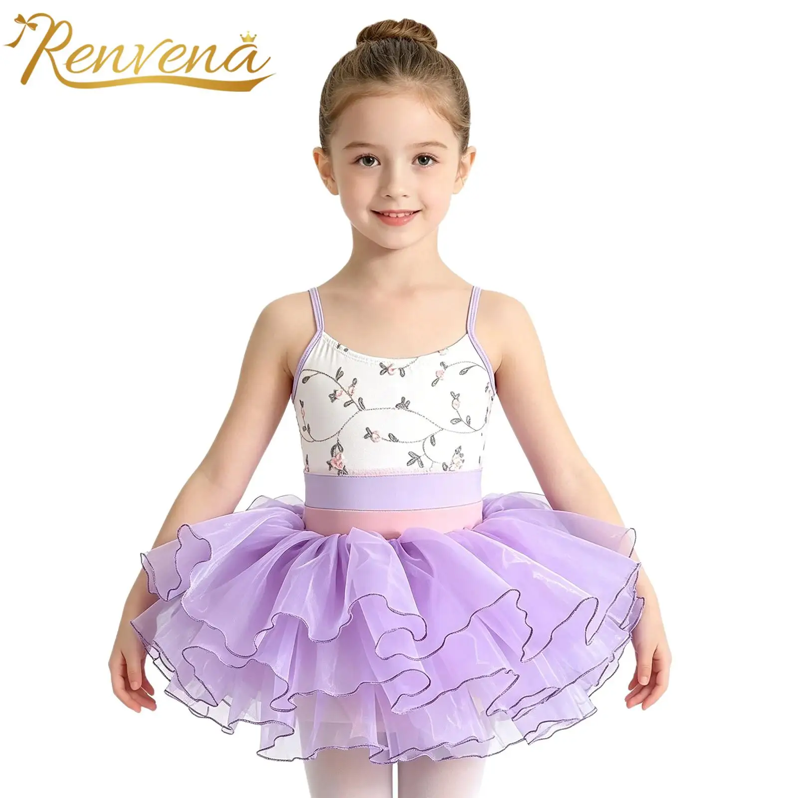 

Kids Floral Spaghetti Straps Leotard with Layered Skirt for Practice Exam Performance Clothes Girls Ballerina Dance Outfit