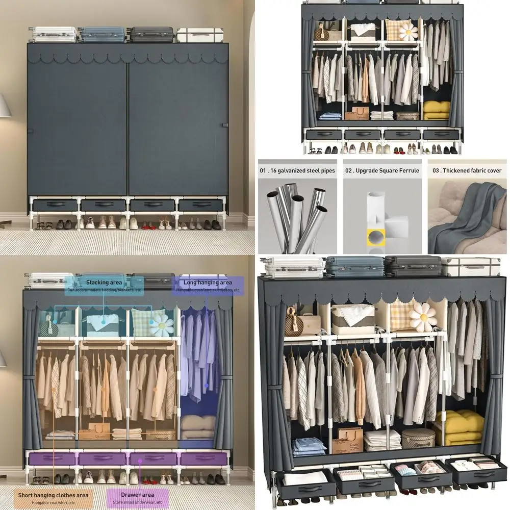 

Stylish 4-Rod Portable Wardrobe with Drawers, Metal Hangers, Grey Dust Cover for Bedroom Storage