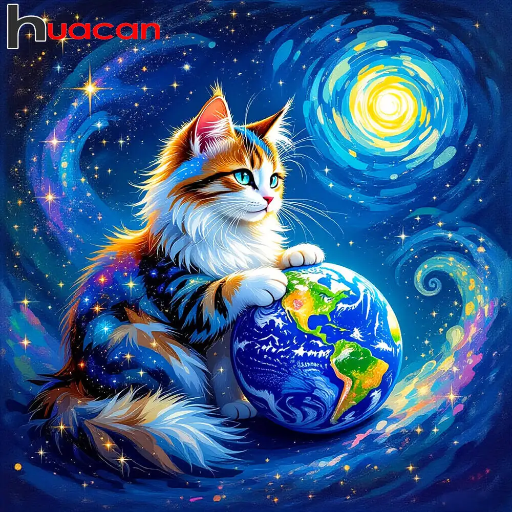 Huacan Diamant-Gemälde, Katze, Sternenhimmel, Tier, Diamant-Mosaik, Landschaft, komplettes Kit, Heimdekoration