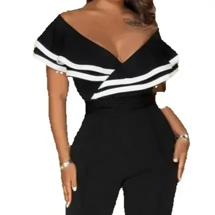 

New Contrast Trim Double Layer Ruffle Off Shoulder V-Neck Bow Tie Back Overalls Casual Zipper Back Seam Front Wide Leg Jumpsuits