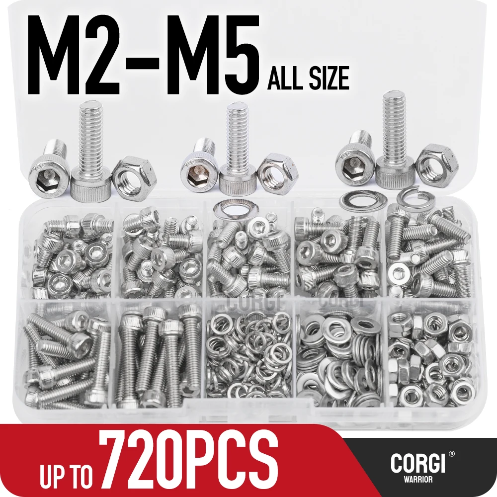 Up To 720P Hex Socket Head Cap Machine Screws Assortment Kit M2 M2.5 M3 M4 M5 304 Stainless Steel Allen Bolts with Nuts Washers