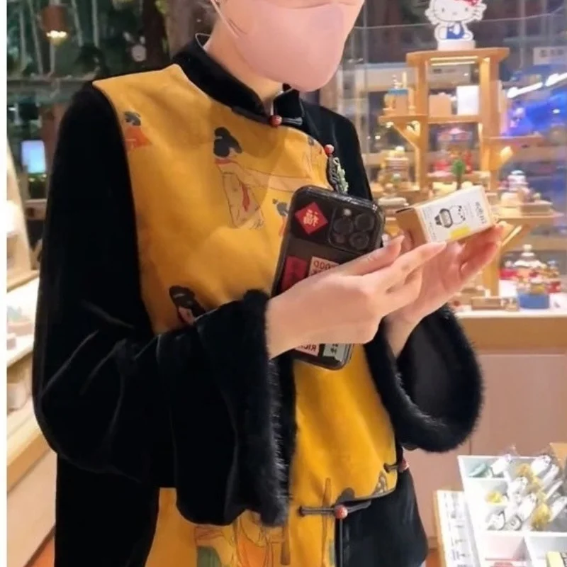 

Autumn New Black Velvet Blouse Women Chinese Style Frog Button Splicing Shirt O-neck Stand Collar Long Sleeve Loose Womens Tops