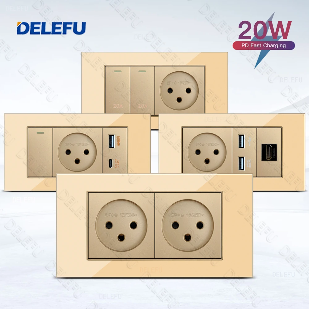 

Стеклянная панель DELEFU SC70, 145 мм, золото, израильский стандарт, USB C-тип, настенная розетка для быстрой зарядки, переключатель ТВ-телефона CAT5 CAT6