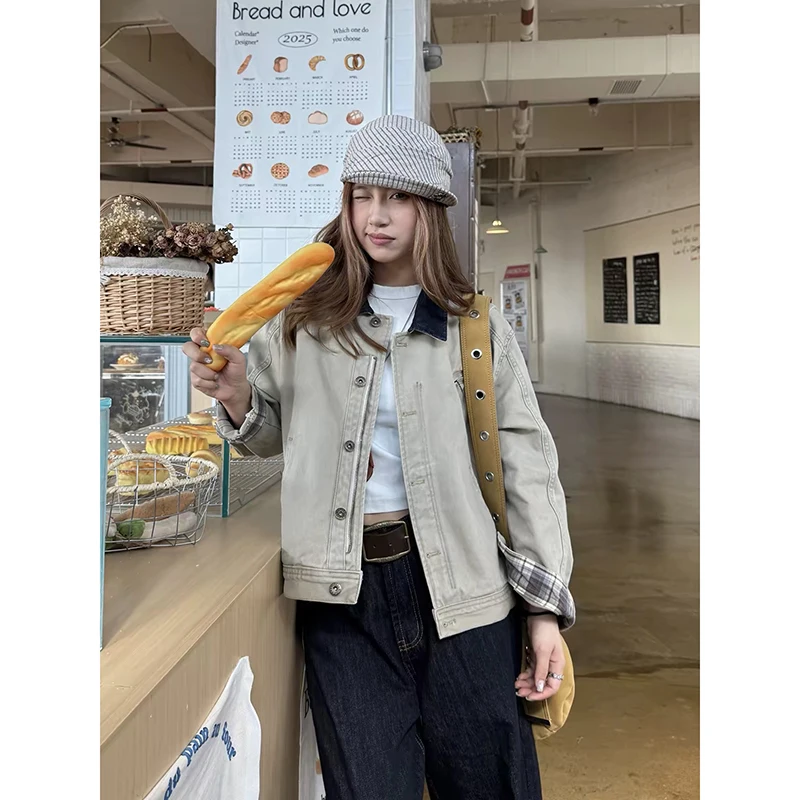 YIBASHU Autumn Winter Women Khaki Design Denim Crop Jacket American Retro Y2k 2000s Splice Cargo Racer Jacket Cowboy Outwear