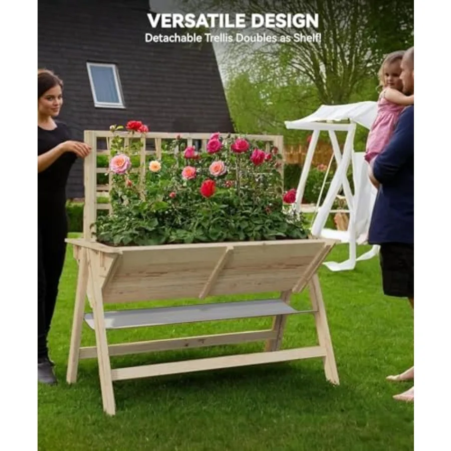 Elevated Raised Garden Bed with Trellis, Storage Shelf for Outdoor